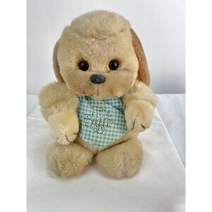 Vintage Applause Plush Dog "Little Beggar" Beige Stuffed Animal With Gingham Bib